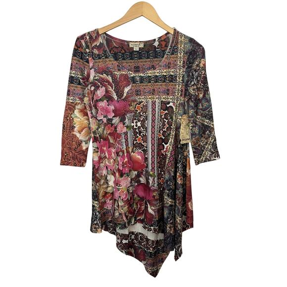 One World Boho Top Multi Color Womens XS Long Sleeve Asymmetrical Embellished - Picture 1 of 7